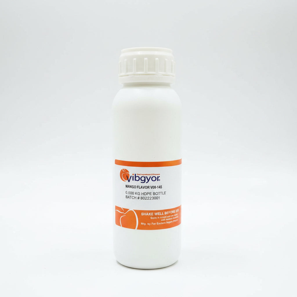A white plastic bottle of vibgyor Mango Flavor HOPS bottle, featuring an orange and white label with product details, set against a blurred background.