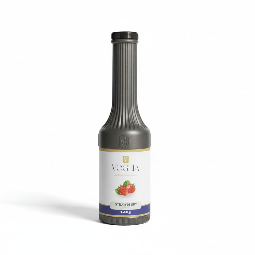 Bottle of Voglia strawberry syrup on a neutral background