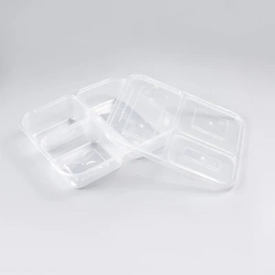 JB - PaperMarket - 3-Compartment - White Base - Bento Box - Lunch Plastic Tray & 2 Containers with Lid - 10 Pcs