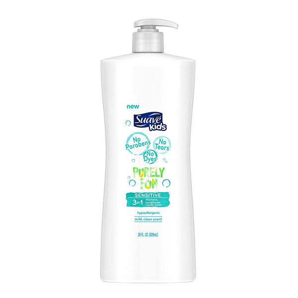 Suave Kids - 3 in 1 Shampoo Conditioner Body Wash - Purely Fun - Sensitive - 28 oz (828ml)