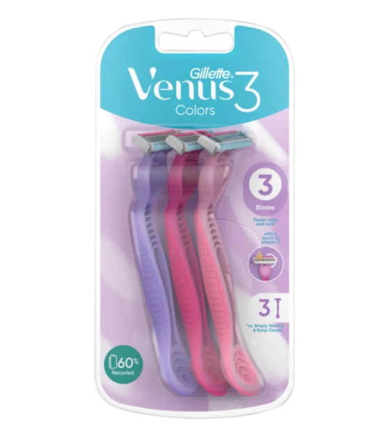 Gillette - VENUS - 3 Colors - 3 Blades Disposable Razors for Women - 3 Piece Pack
