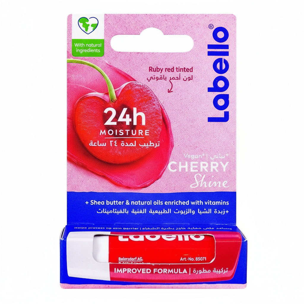 Labello cherry lip balm packaging with red heart design on a white background