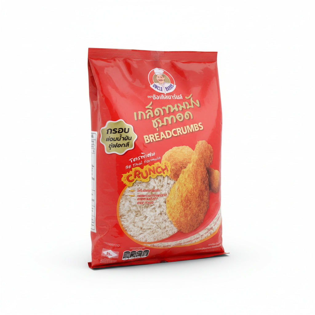 Red bag of crunchy breadcrumbs with brand logo on a white background