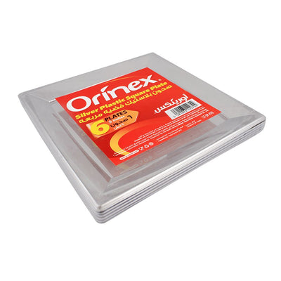 Orinex - Silver Plastic Square Plate - Disposables - Metallic Finish Plate - 6-Pack (9 Inches) - Modern Square Dinner Plate