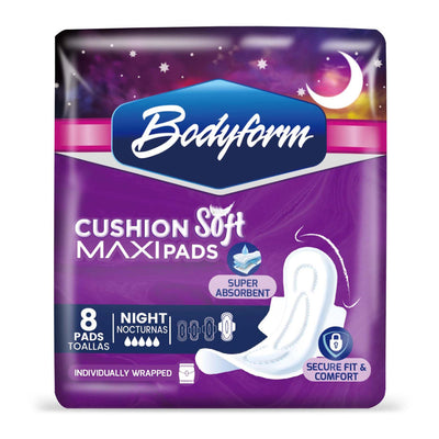 Bodyform - Cushion Soft Overnight Maxi Sanitary Pads - Personal Care - Pads with Wings - 8-Pack - Overnight Protection