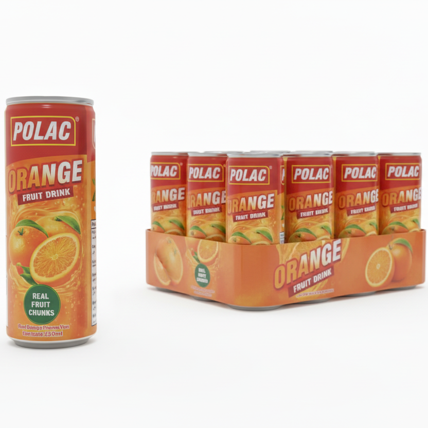POLAC - Orange Fruit Drink - 250ML - With Real Fruit Chunks - 24 Can (1 Tray)
