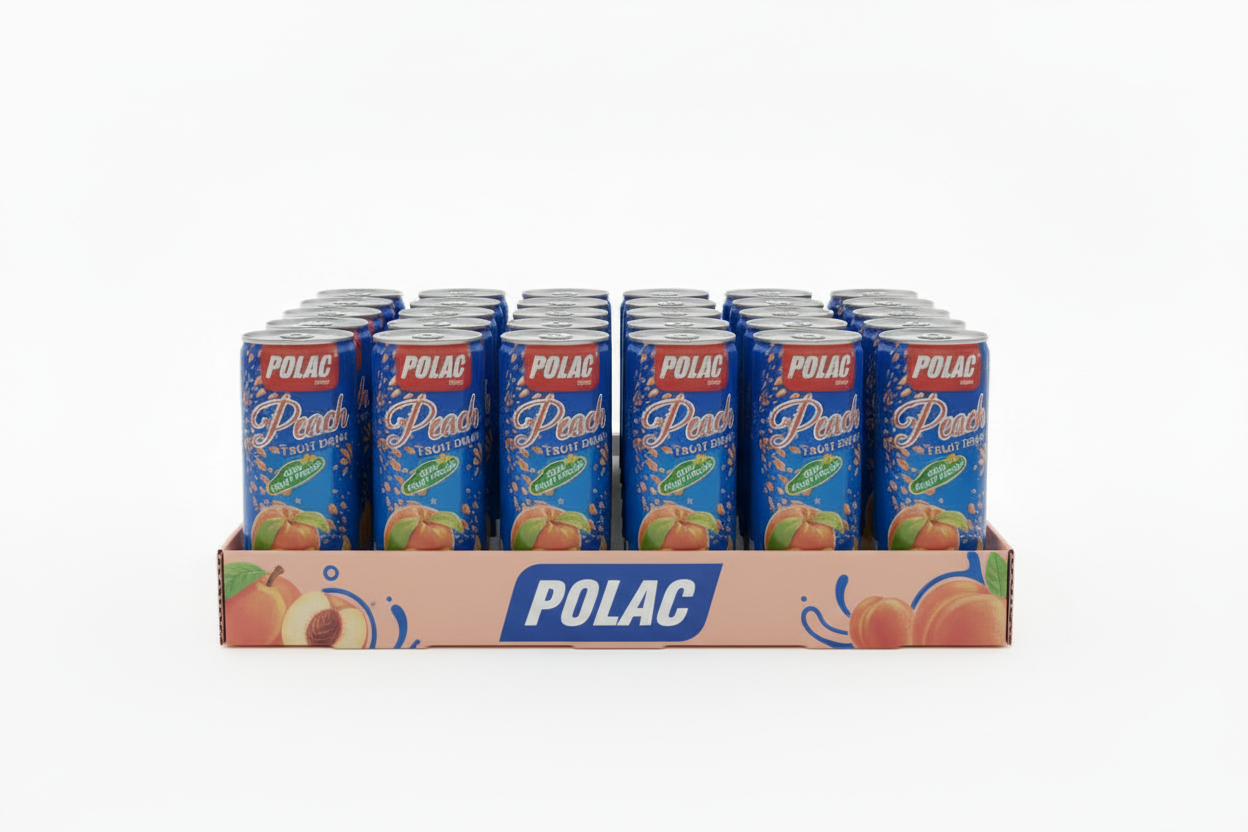 POLAC - Peach Fruit Drink - 250ML - With Real Fruit Chunks - 24 Can (1 Tray)