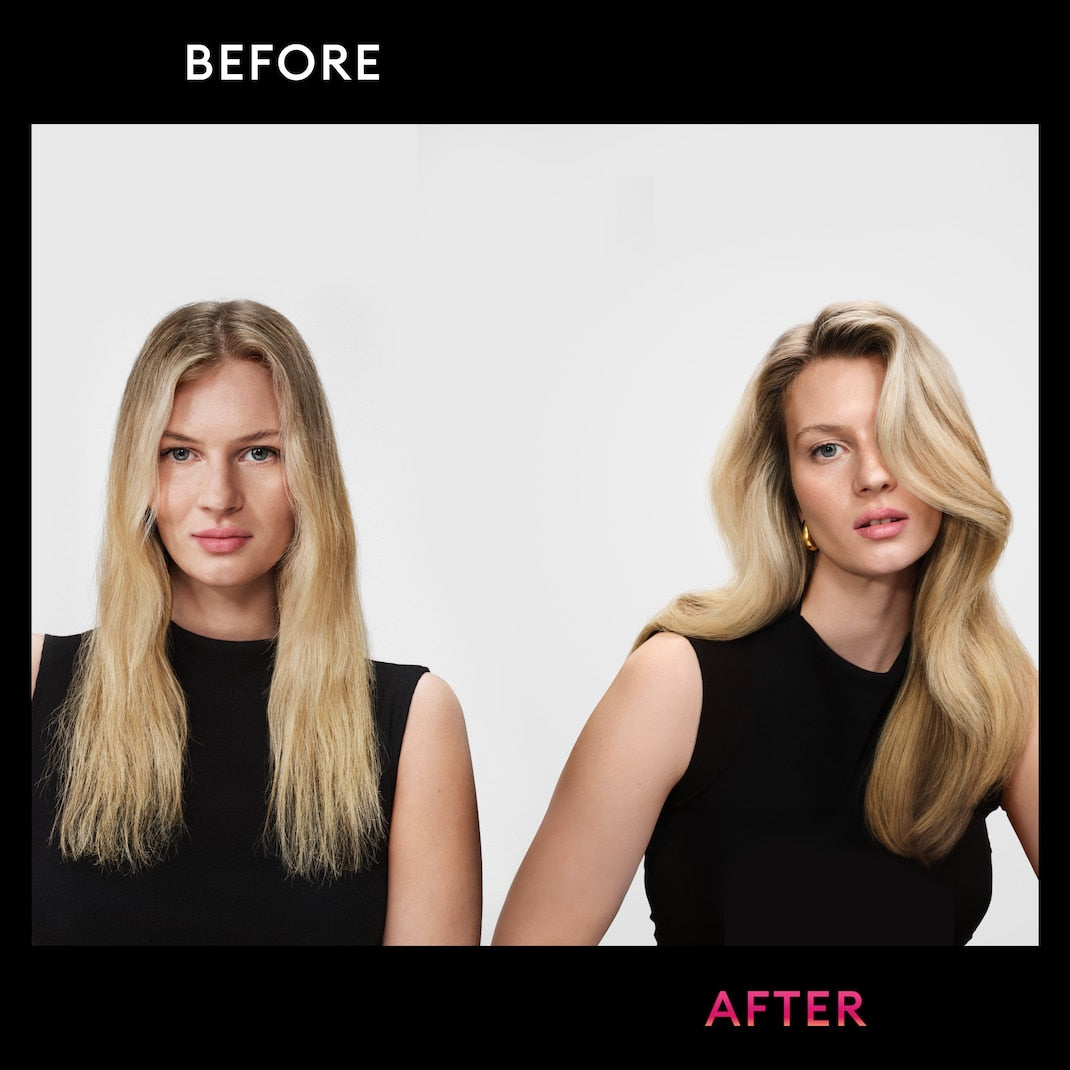 Before and after comparison of a woman with styled hair on a plain background