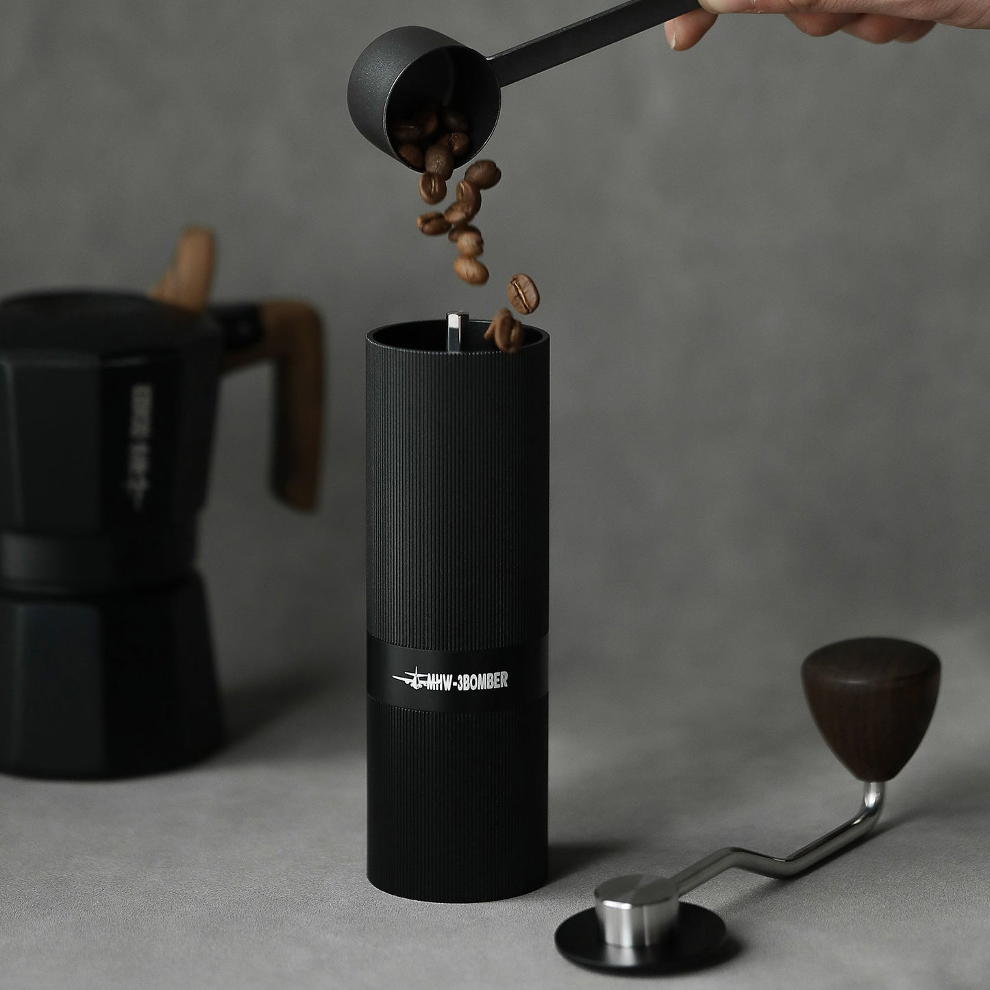 offee Cartel - MHW3 Bomber - Racing M1-Manual Coffee Grinder-38mm - Titanium Plated Burr, Black, Walnut Handle - G5897B