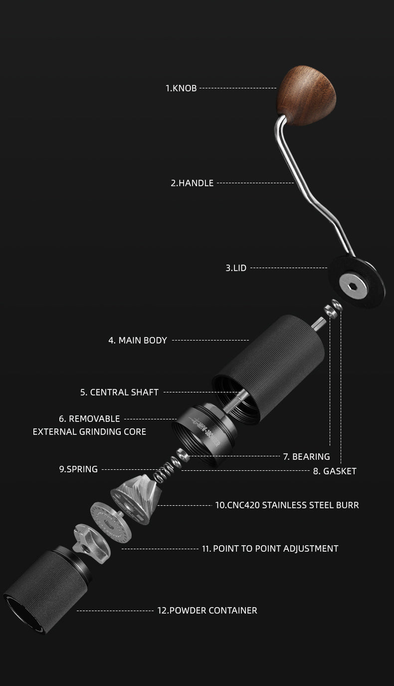 offee Cartel - MHW3 Bomber - Racing M1-Manual Coffee Grinder-38mm - Titanium Plated Burr, Black, Walnut Handle - G5897B