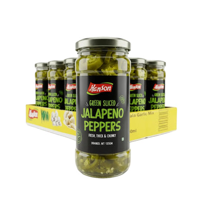 Hanson - GREEN SLICED JALAPENO PEPPERS - Glass Bottle 135gm - Pack of 12 - 1.62kg