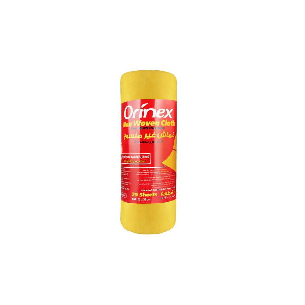 Orinex - Non Woven Multi-Purpose Cloth - Cleaning - Yellow Sheet Pack - 20 Sheets (27x33cm) - Washable Absorbent Wipe Downs