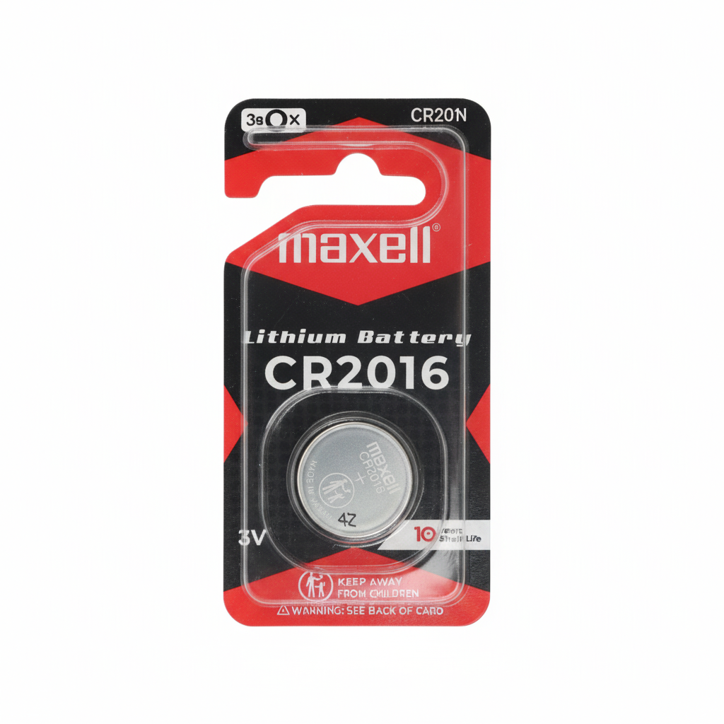 Maxell CR2016 battery in packaging on a blurred background