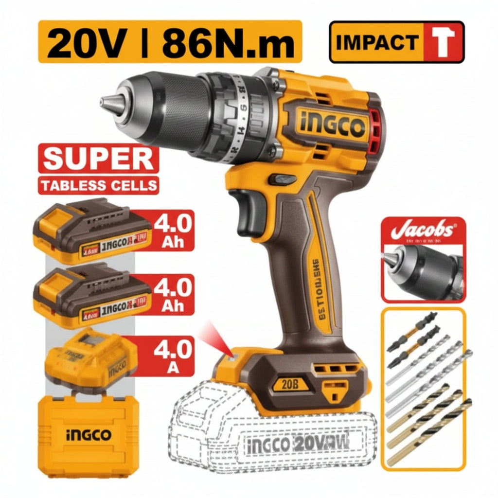 INGCO - Brushless Cordless Impact Drill - Item No. CIDLI 208686 TABLESS CELLS