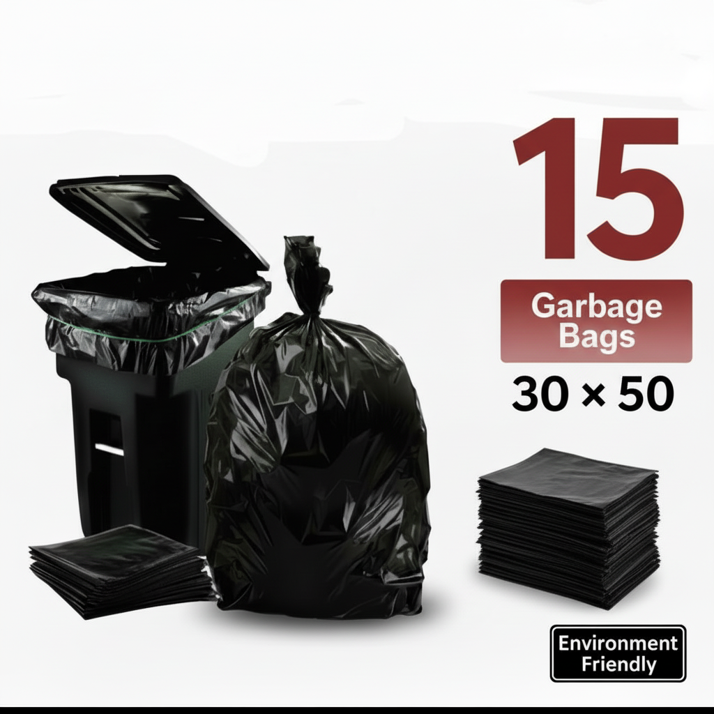 Black garbage bags with a trash bin and text indicating 15 bags, size 30x50, and 'Environment Friendly' label.