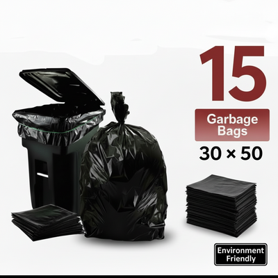 Black garbage bags with a trash bin and text indicating 15 bags, size 30x50, and 'Environment Friendly' label.
