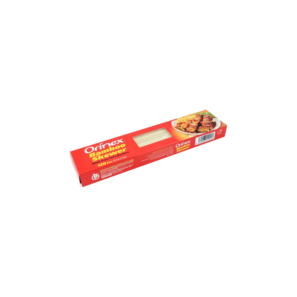 Orinex - Bamboo Skewer - BBQ Disposables - Wooden Sticks - 120-Pack (25cm x 3mm) - Medium Tikka Skewers