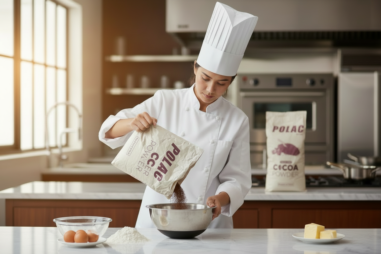 Chef pouring POLAC Cocoa Powder into a bowl in a kitchen setting