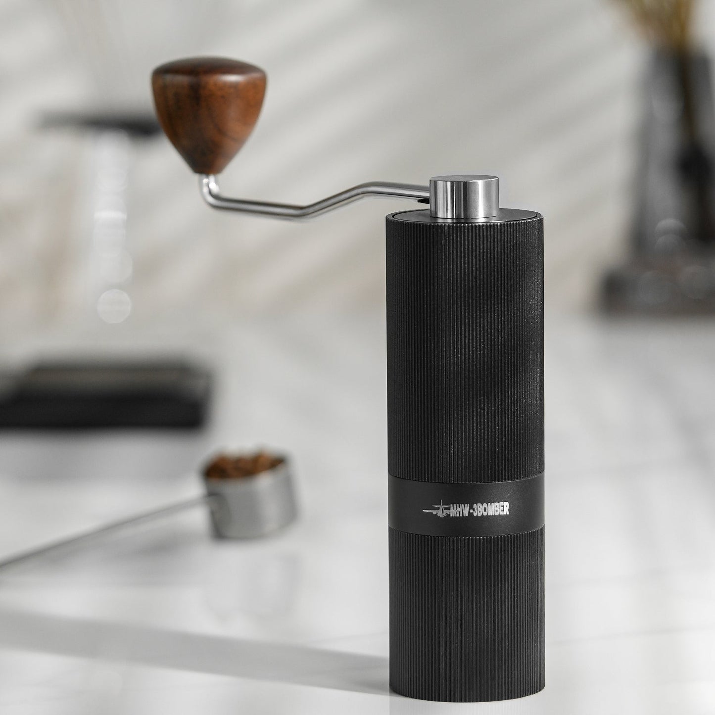 offee Cartel - MHW3 Bomber - Racing M1-Manual Coffee Grinder-38mm - Titanium Plated Burr, Black, Walnut Handle - G5897B