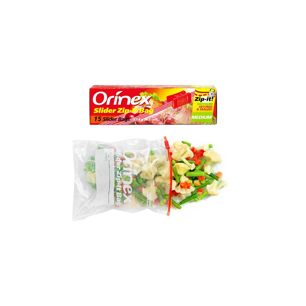 Orinex - Slider Zip-Lock Bag Medium - Kitchen Storage - Slide Slider Closure - 15-Pack (7x8 Inches) - Air-Tight Premium Food Grade