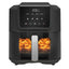 Black air fryer with digital display showing 200°C, interior light on, and food being cooked.