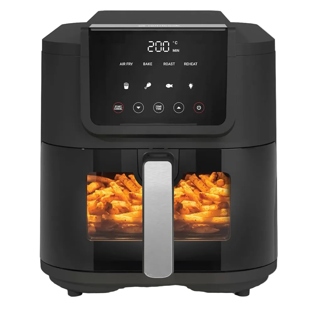 Black air fryer with digital display showing 200°C, interior light on, and food being cooked.
