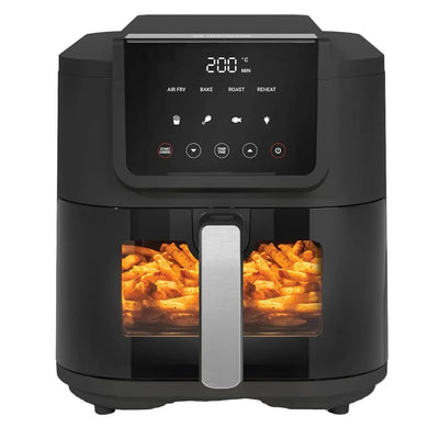 Black air fryer with digital display showing 200°C, interior light on, and food being cooked.