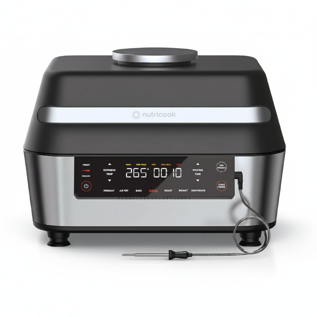 Nutricook appliance with digital display and thermometer on a white background