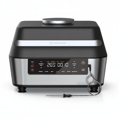 Nutricook appliance with digital display and thermometer on a white background