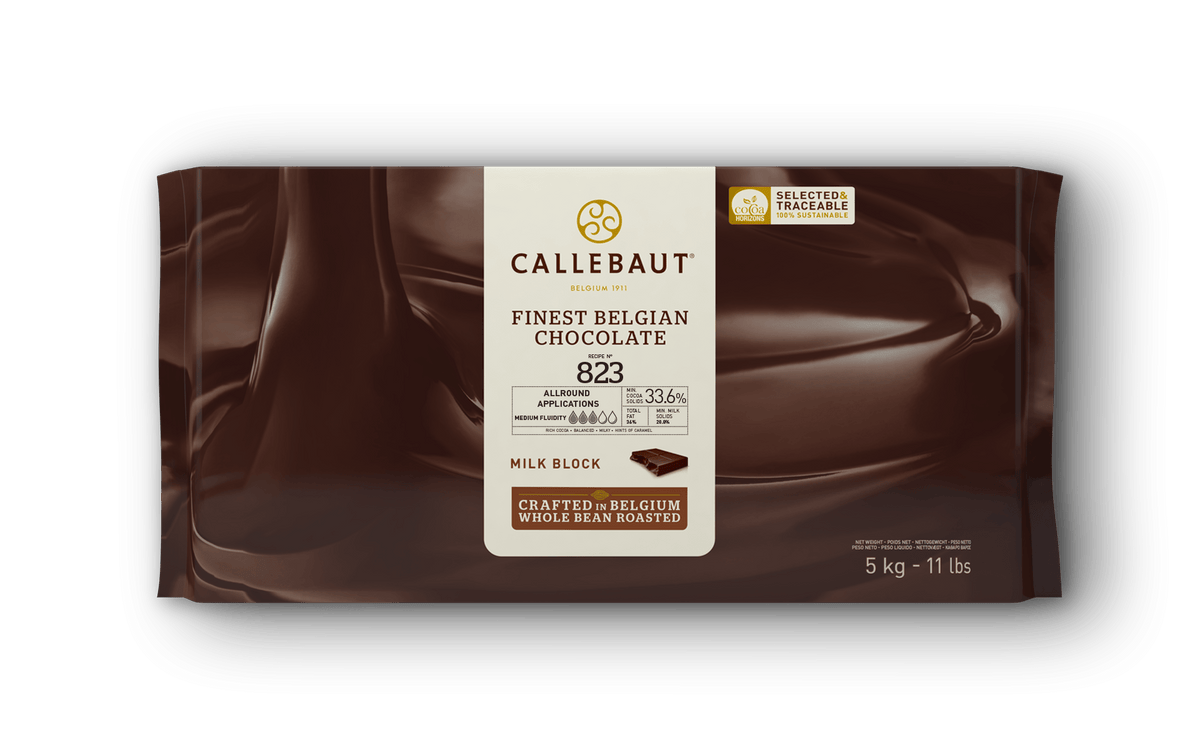 Callebaut finest Belgian chocolate block packaging on a dark background
