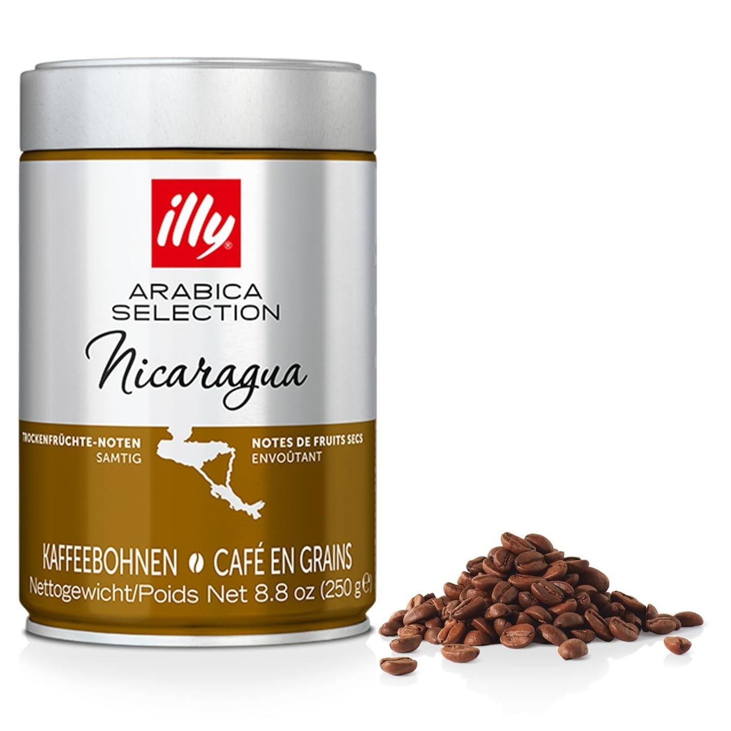Canister of illy Arabica Selection Nicaragua coffee beans with a map of Nicaragua on a white background.
