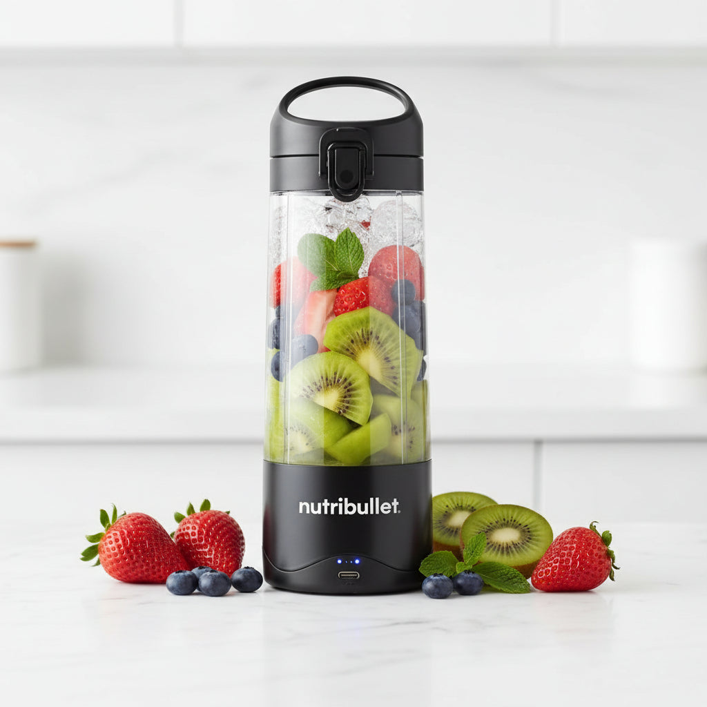 Nutribullet blender with fruits and ice cubes on a black background