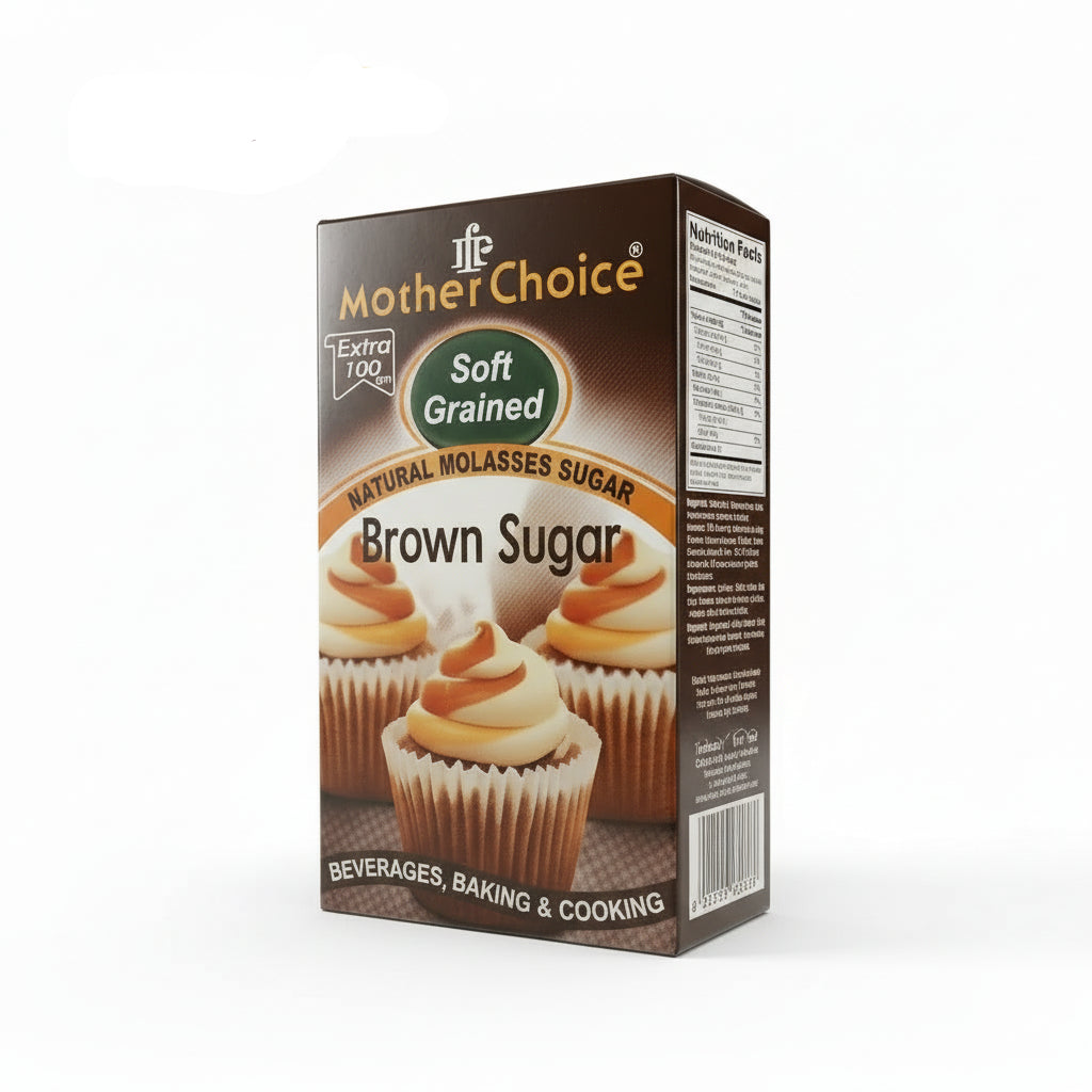 Box of Mother Choice Brown Sugar with cupcakes on a white background