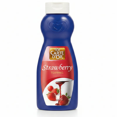 A bottle of Carte d'Or Strawberry Topping syrup. The product is in a blue squeeze bottle with a white cap, featuring a red and gold label with an illustration of strawberries and a white bowl of dark red syrup.