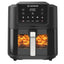 Black Nutricook air fryer with digital display showing 200°C, interior light on, and food being cooked.