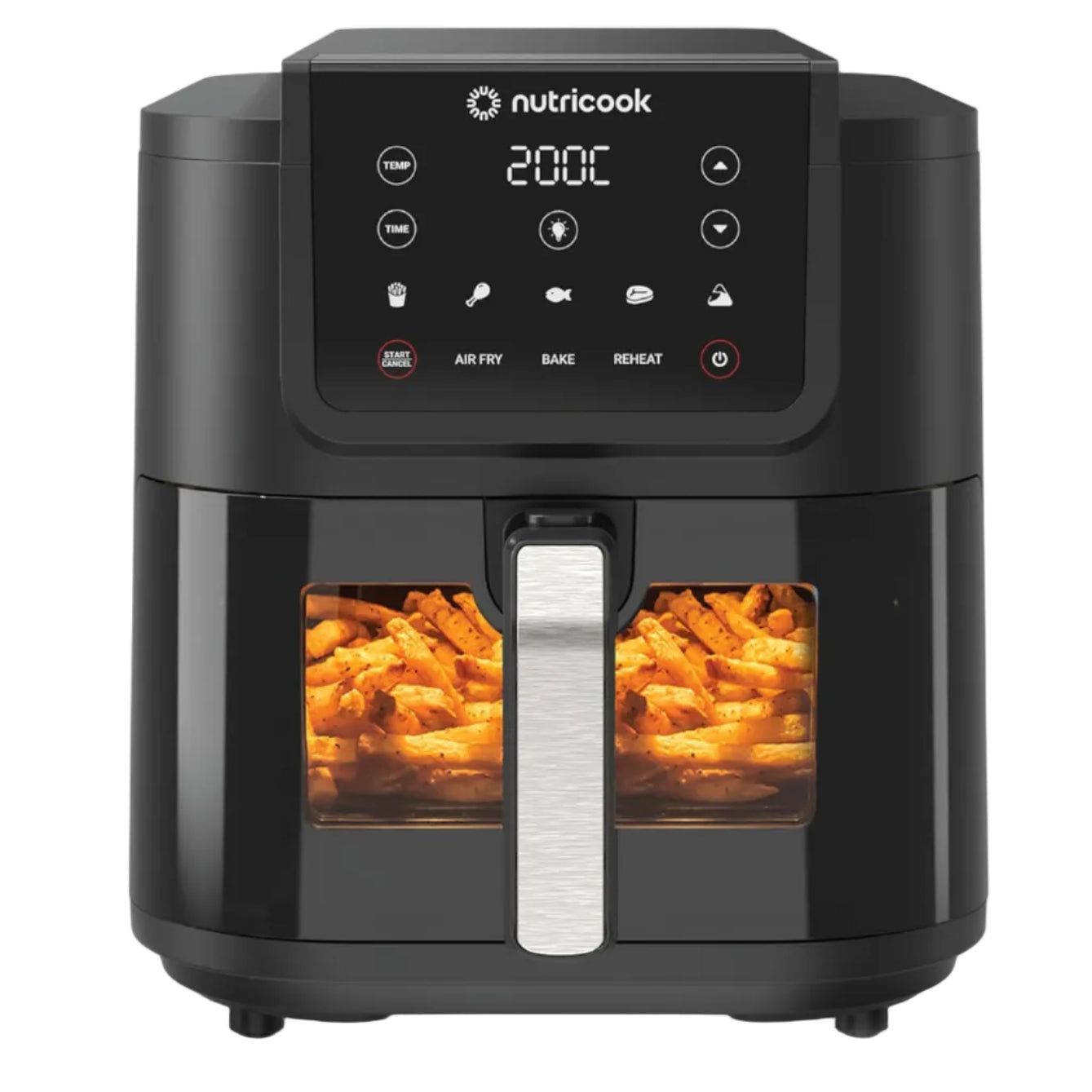Black Nutricook air fryer with digital display showing 200°C, interior light on, and food being cooked.