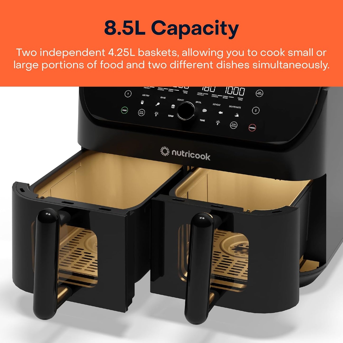 Nutricook - 8.5L - Air Fryer Duo Vision 2 - NC-AFD185V - Dual Zone Cooking - Black - 2 Years Warranty