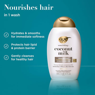 OGX - Nourishing - Coconut Milk - Moisturizing Shampoo - Hydrating & Restoring Shampoo - For Softer Hair - Paraben-Free, Sulfate-Free Surfactants - 13 fl. oz