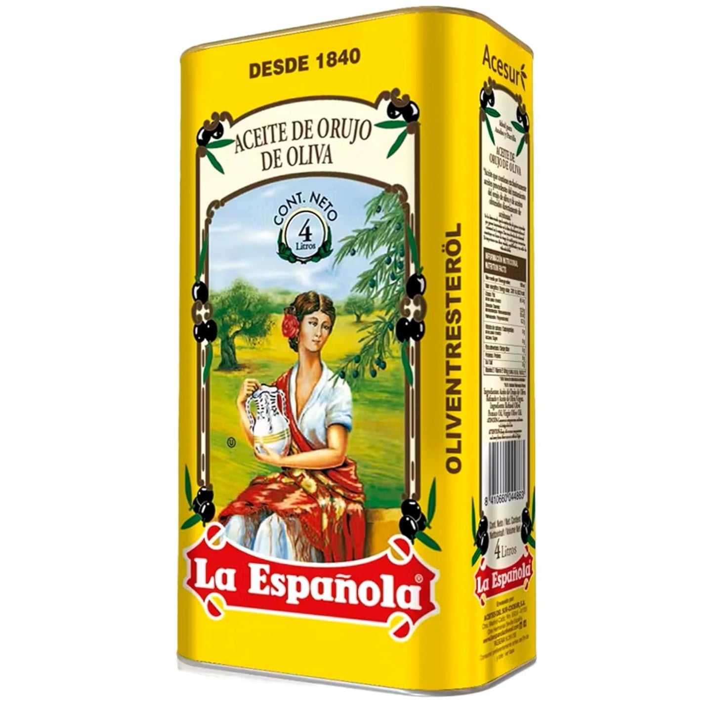 La Espanola olive oil can with a woman holding a jar in a scenic background