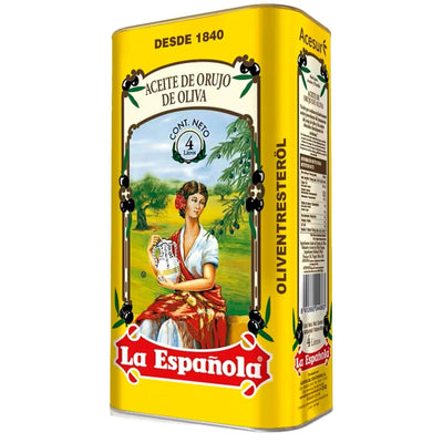 La Espanola olive oil can with a woman holding a jar in a scenic background