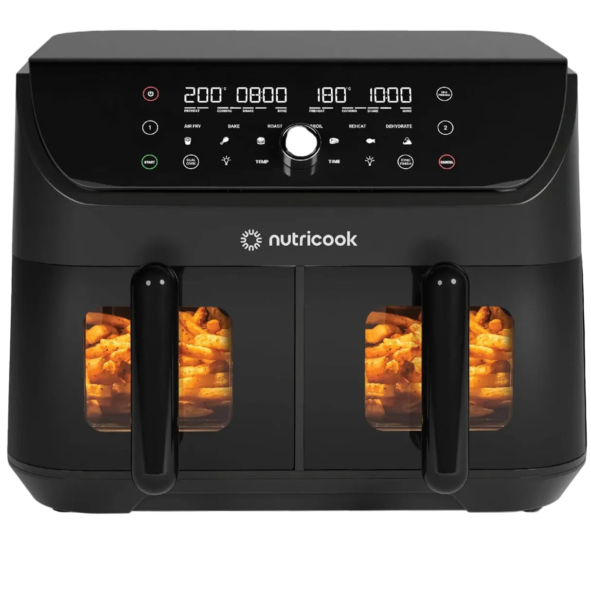 Black Nutricook air fryer with digital display on a white background