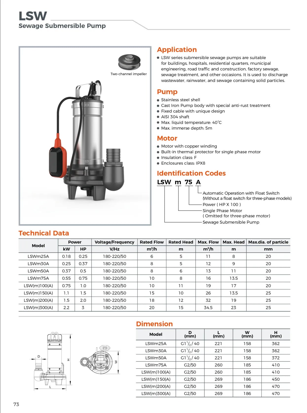 LEO LSWM-200A | 1500 WATT - 2 HP | SEWAGE SUBMERSIBLE PUMP - Double Channel Impeller With Float Switch - FOR AUTOMATIC OPERATION - EU Std