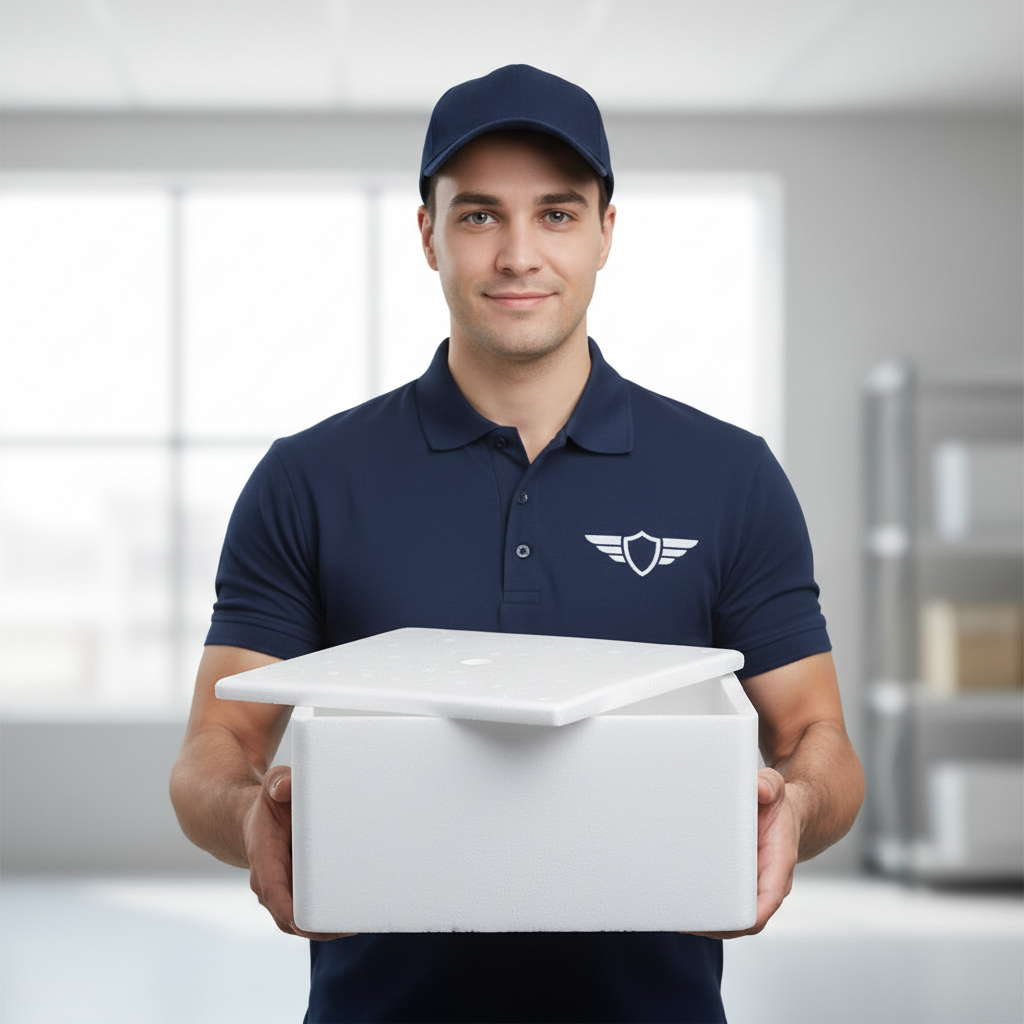 Man in a blue uniform holding a white box in an indoor setting