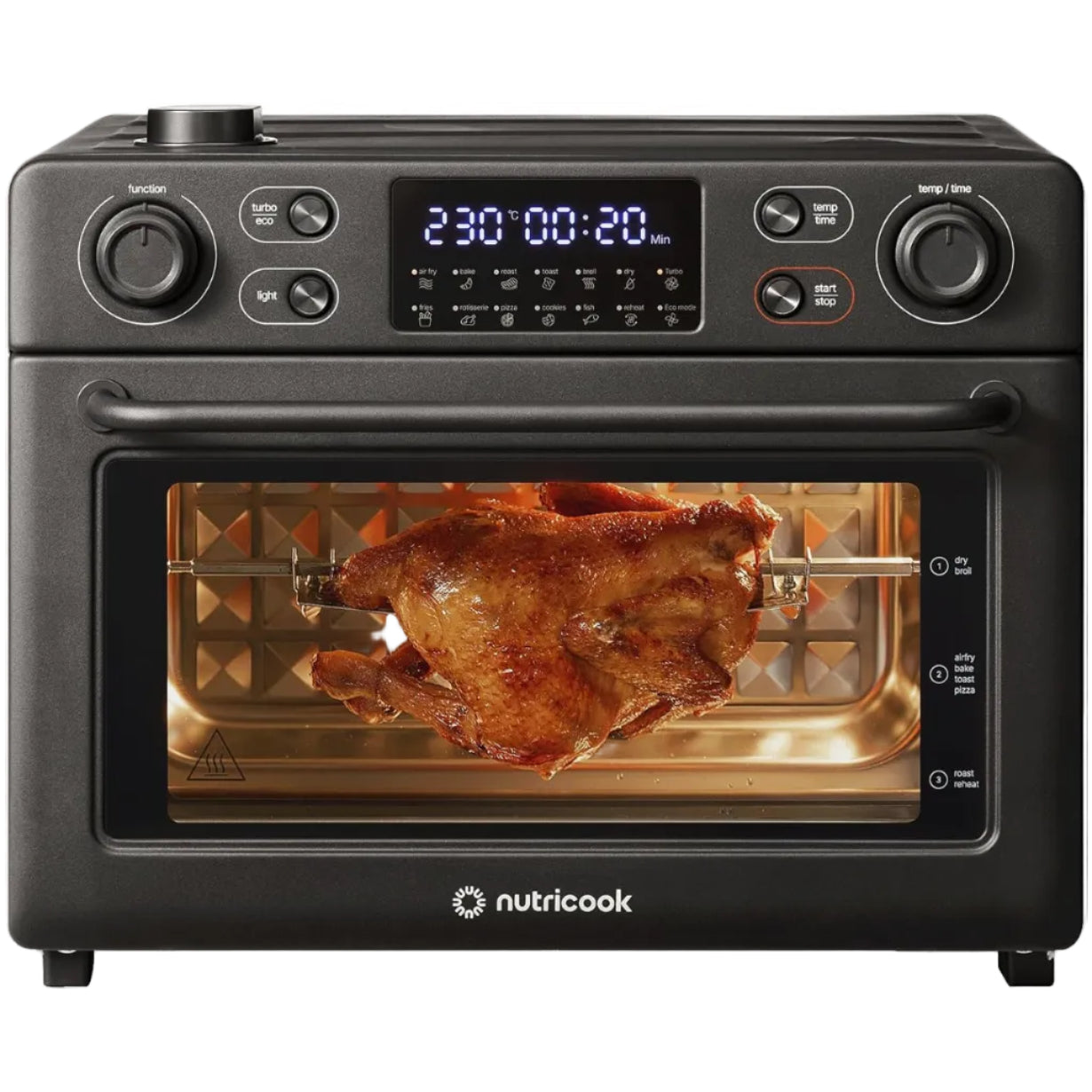 Nutricook oven with a roasted chicken inside, showing digital display and control panel.