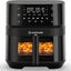 Black Nutricook air fryer with digital display and food inside on a white background