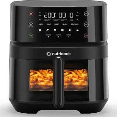 Black Nutricook air fryer with digital display and food inside on a white background
