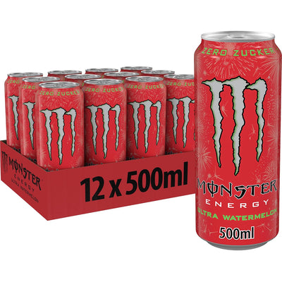 Box of Monster Energy Ultra Watermelon cans with a single can in front on a white background