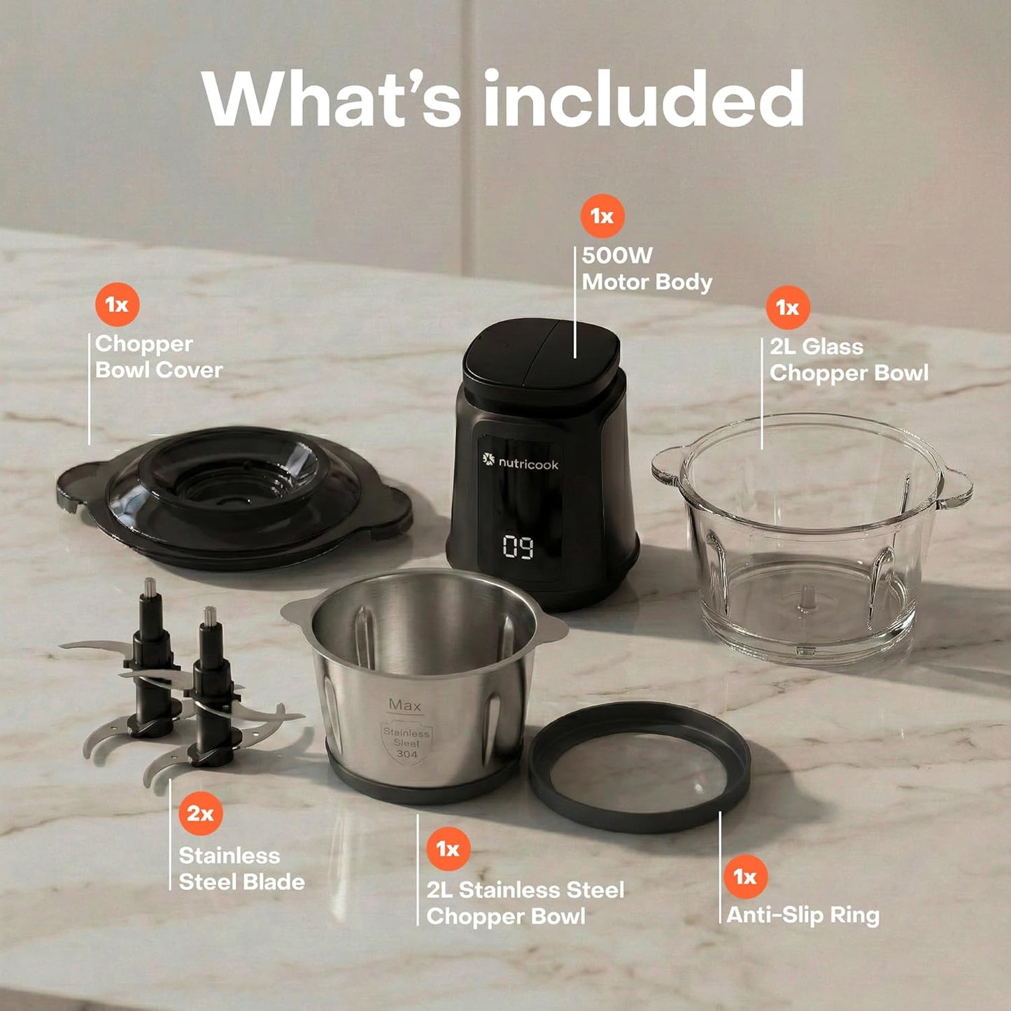 Nutricook - Choppi XXL - Chopper - Shredder - NC-CH2000 - Professional Prep - Black - 2 Years Warranty - 2 Bowls (SS+Glass)