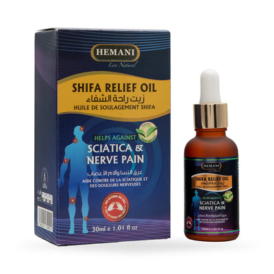 Hemani Shifa Relief Oil packaging and bottle on a white background