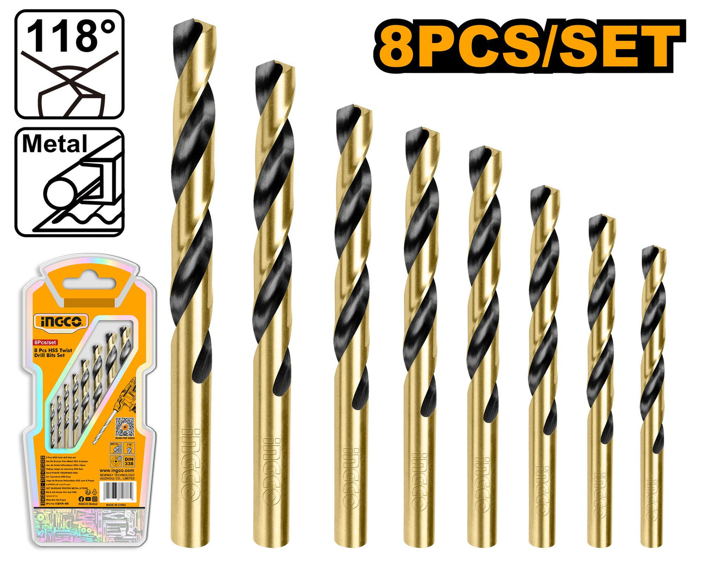 INGCO -  8 Pcs HSS twist drill bits set  AKDB0801